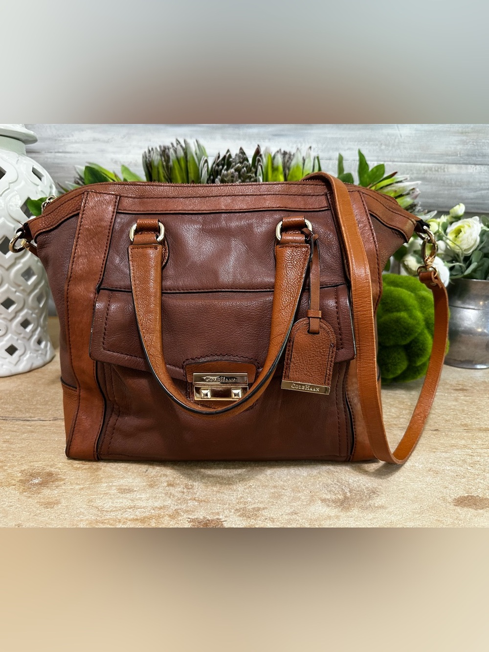 Cole Haan Brown Leather Satchel Crossbody Shoulder Bag Cognac Gold Hardware